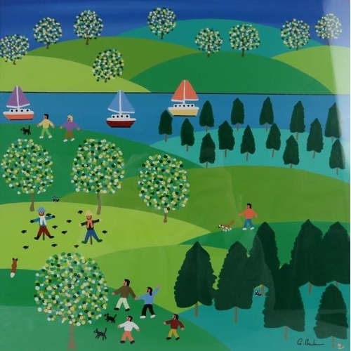 535 - Gordon Barker (British) - A framed & glazed acrylic on paper, 'Boats on a river with people enjoying... 