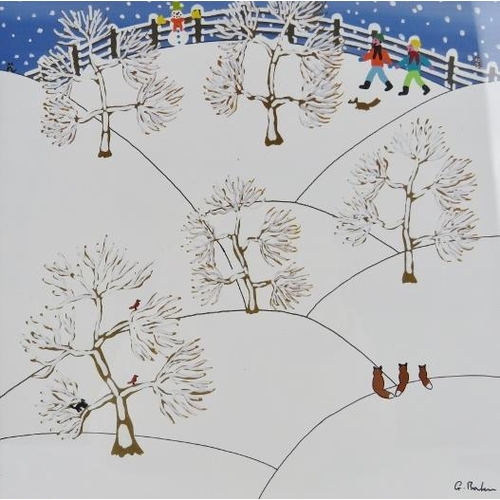 536 - Gordon Barker (British) - A framed & glazed acrylic on paper, 'People walking in the snow being watc... 