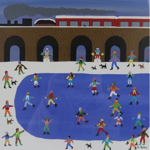 537 - Gordon Barker (British) - A framed & glazed acrylic on paper,  'Ice skating by the steam train, sign... 