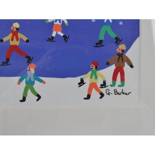 537 - Gordon Barker (British) - A framed & glazed acrylic on paper,  'Ice skating by the steam train, sign... 