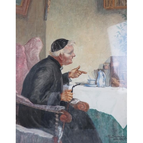 544 - Hans W Schwaben - 19th/20th century clergy seated talking to a feathered bird on his table, signed l... 