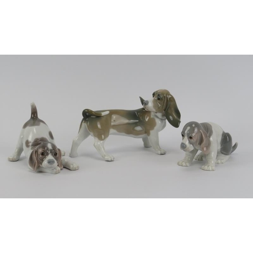 55 - A Lladro porcelain model of a beagle dog together with two puppy figurines. (3 Items) Beagle: 19.5 c... 