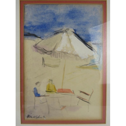 567 - Marianne Gabor (1917-2014) - A framed & glazed watercolour, titled 'Summer', figures under a parasol... 