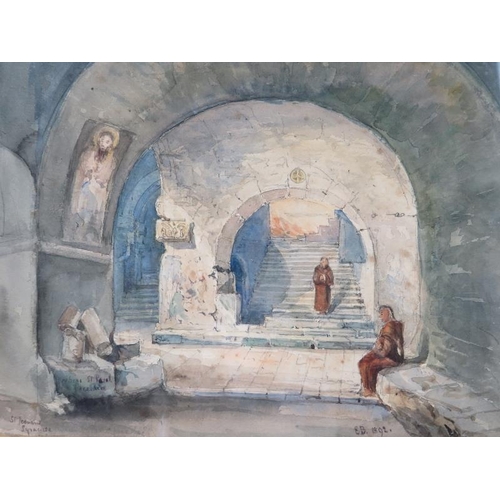 571 - A framed & glazed watercolour, 'Study of monks in a monastery', signed mono EB & dated 1892. 25cm x ... 