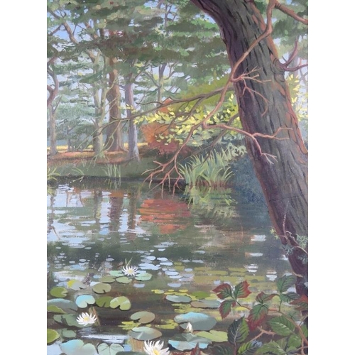 572 - Stella Pit - A framed oil on board, 'Pond at High Halden', signed lower left. 42cm x 34cm (17 1/4