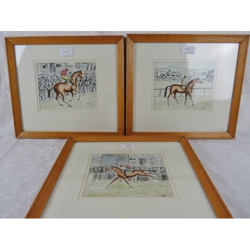 585 - Three framed & glazed horse racing watercolours, Simon Hunt. 14cm x 18cm (5 1/2