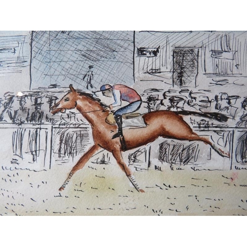 585 - Three framed & glazed horse racing watercolours, Simon Hunt. 14cm x 18cm (5 1/2