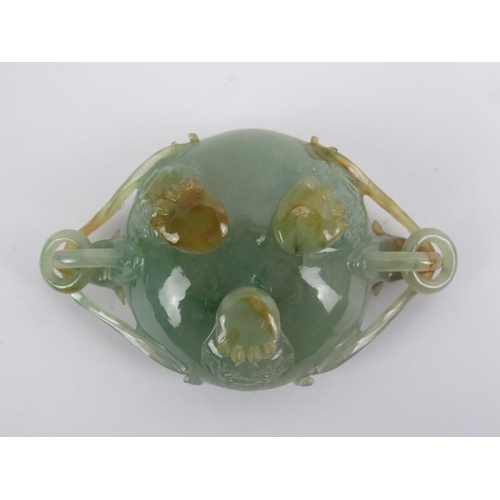 83 - A Chinese carved jadeite tripod censer and cover, 20th century. Decorated with deer head ring handle... 