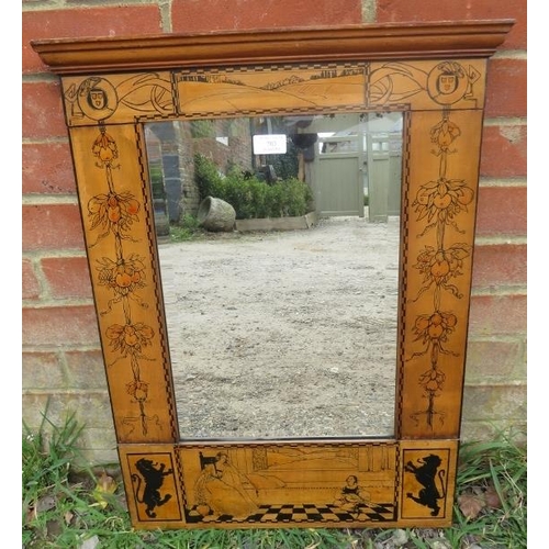 703 - An unusual Arts & Crafts Period bevelled wall mirror, the walnut surround with stepped cornice and p... 