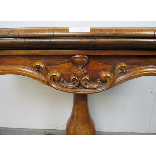 704 - A good early Victorian rosewood turnover tea table, having acanthus carved and scrolled frieze in hi... 