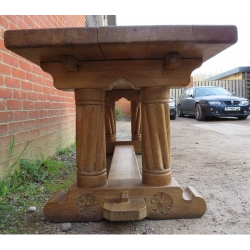 709 - A bespoke vintage light oak refectory style table, the planked top on four rope twist carved support... 