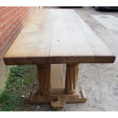 709 - A bespoke vintage light oak refectory style table, the planked top on four rope twist carved support... 