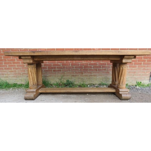 709 - A bespoke vintage light oak refectory style table, the planked top on four rope twist carved support... 