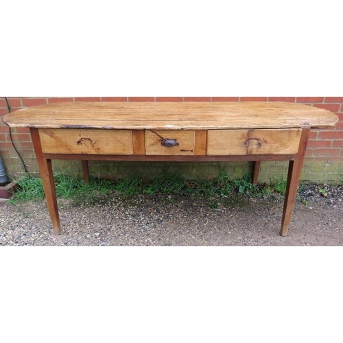 722 - A rustic antique French chestnut farmhouse table, having three drawers to one side with cast iron sc... 