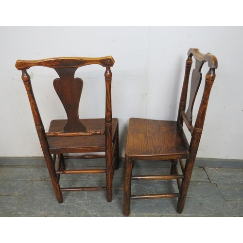 744 - A matched set of six 18th century elm dining chairs of excellent colour, having shaped back-splats a... 