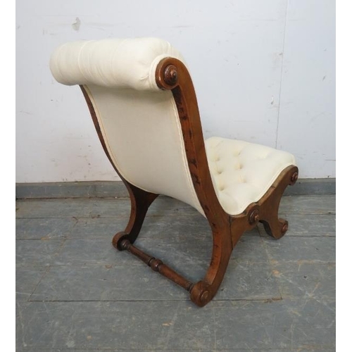 750 - A 19th century walnut slipper chair, upholstered in buttoned calico material, on scrolled supports w... 