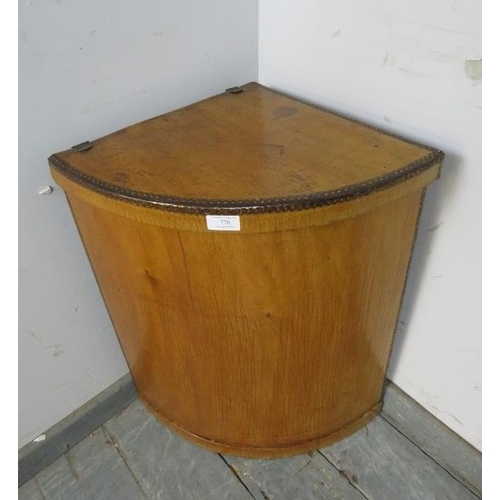 778 - An antique plywood corner laundry bin, the hinged lid with gilt metal mounts, on a plinth base. 
H63... 