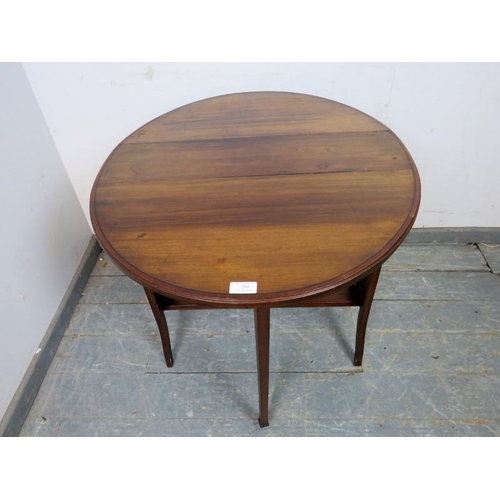 780 - An Edwardian mahogany oval Sutherland table strung with ebony, on tapering square supports with bras... 