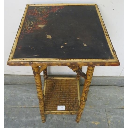 790 - An early 20th century tiger bamboo two-tier occasional table, the black lacquered top with painted d... 