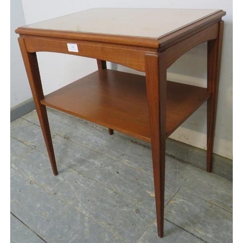 800 - A mid-century Danish two-tier teak side table, having inset loose glass top, on tapered square suppo... 