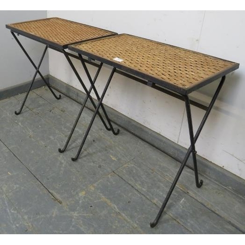 803 - A pair of mid-century folding steel drinks tables by Habitat with inset rattan tops. c1965. 
H57cm W... 