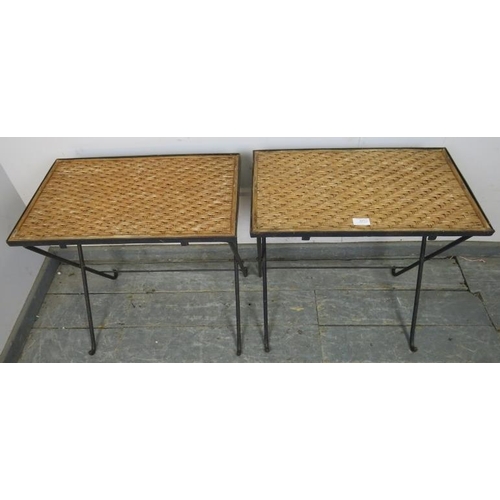 803 - A pair of mid-century folding steel drinks tables by Habitat with inset rattan tops. c1965. 
H57cm W... 