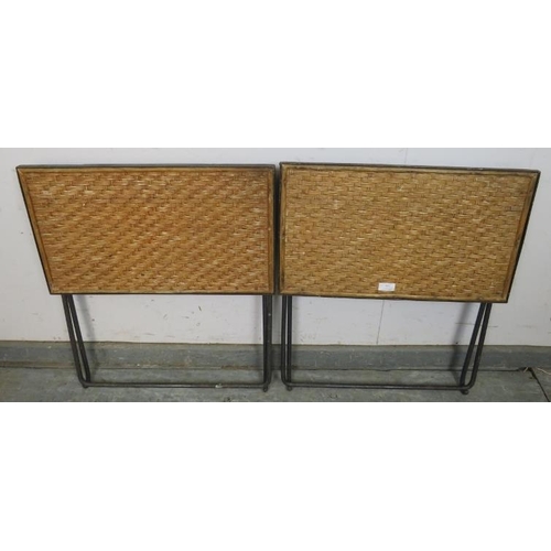 803 - A pair of mid-century folding steel drinks tables by Habitat with inset rattan tops. c1965. 
H57cm W... 