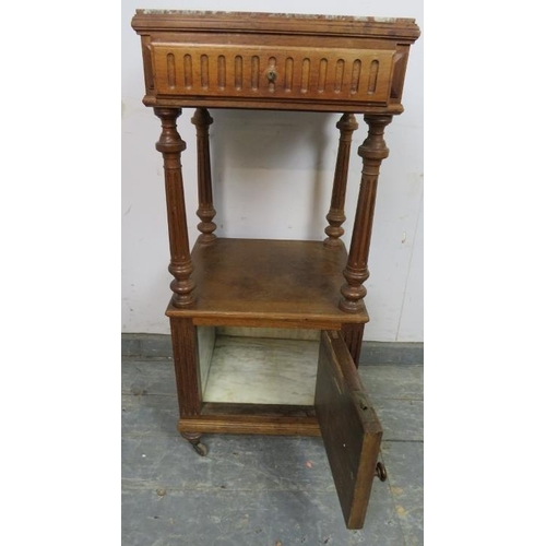 805 - A 19th century French fruitwood two-tier bedside cabinet, the rouge marble top above single frieze d... 