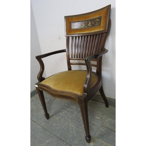 808 - An Edwardian mahogany elbow chair, the backrest with fine inlaid panel depicting a harp flanked by m... 