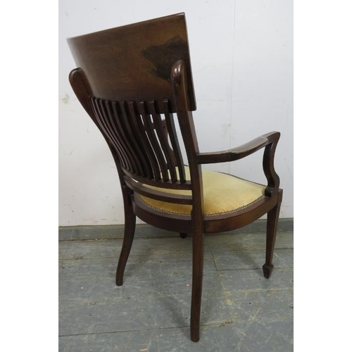 808 - An Edwardian mahogany elbow chair, the backrest with fine inlaid panel depicting a harp flanked by m... 