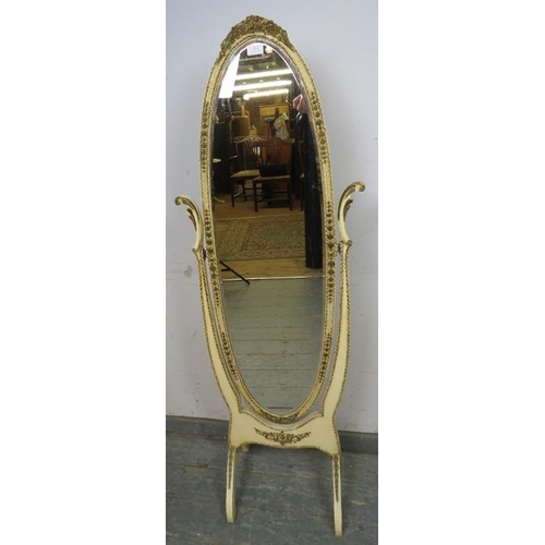 824 - A vintage French bevelled cheval mirror, within a cream and gold gesso surround in the Louis XV tast... 