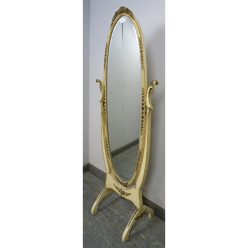 824 - A vintage French bevelled cheval mirror, within a cream and gold gesso surround in the Louis XV tast... 