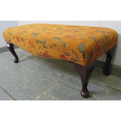 832 - An antique style long footstool, upholstered in burnt orange chenille material with foliate motifs, ... 