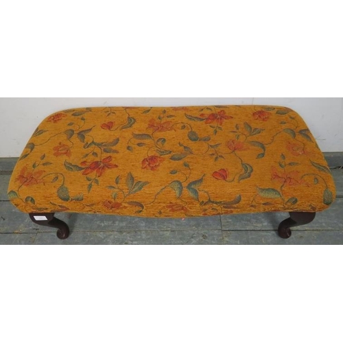 832 - An antique style long footstool, upholstered in burnt orange chenille material with foliate motifs, ... 