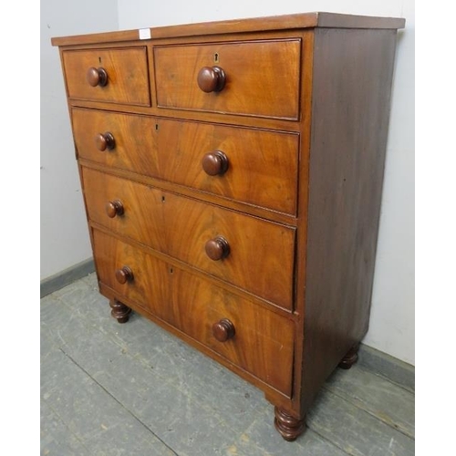 839 - A Victorian flame mahogany chest, housing two short over three long graduated cock-beaded drawers re... 