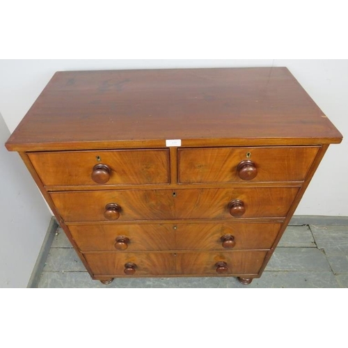 839 - A Victorian flame mahogany chest, housing two short over three long graduated cock-beaded drawers re... 