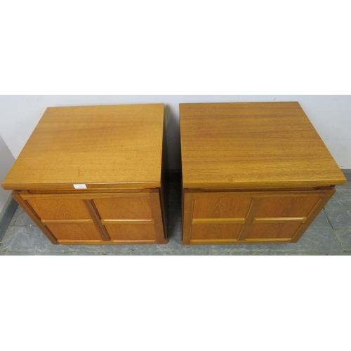 841 - A pair of mid-century teak bedside cabinets by Parker Knoll, the doors with lattice mouldings openin... 