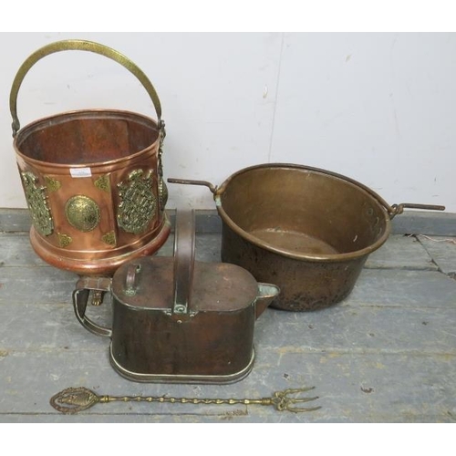 846 - A selection of antique brass and copper comprising a log bin, antique watering can and cooking pot. ... 