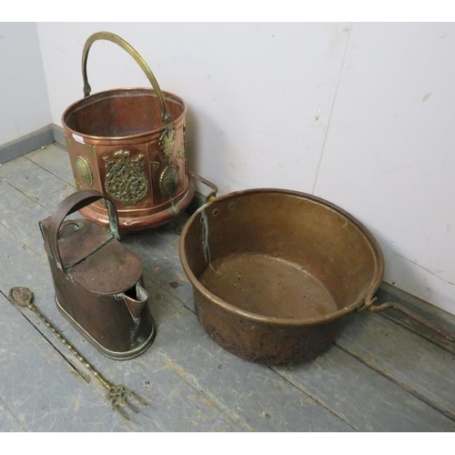 846 - A selection of antique brass and copper comprising a log bin, antique watering can and cooking pot. ... 