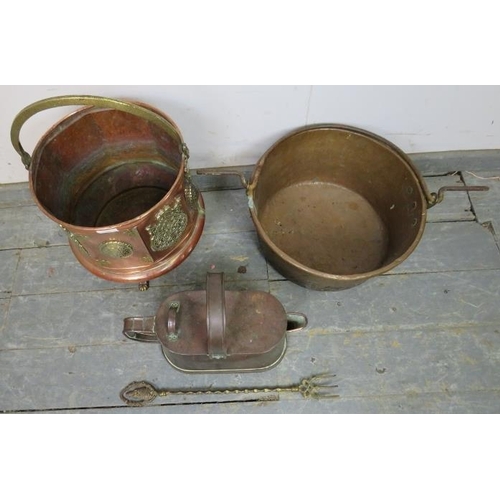 846 - A selection of antique brass and copper comprising a log bin, antique watering can and cooking pot. ... 