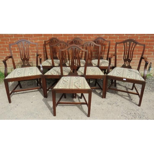 848 - A set of eight (6+2) antique Georgian Revival mahogany dining chairs, the shield backs with shaped a... 