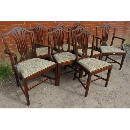 848 - A set of eight (6+2) antique Georgian Revival mahogany dining chairs, the shield backs with shaped a... 