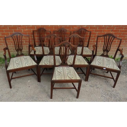 848 - A set of eight (6+2) antique Georgian Revival mahogany dining chairs, the shield backs with shaped a... 