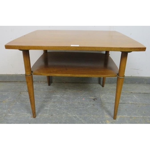 850 - A mid-century walnut two-tier coffee table, on tapering supports.
H53cm W70cm D56cm (approx).
Condit... 