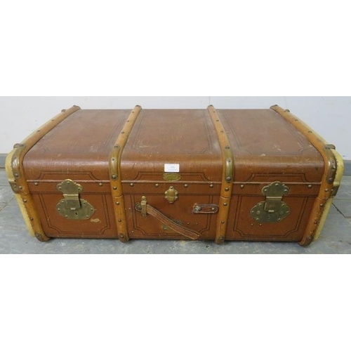 851 - An early 20th century Swiss bentwood, brass and leather mounted steamer trunk by E. Letsche, having ... 