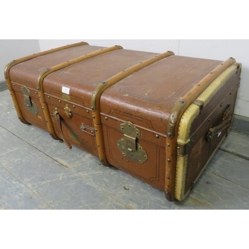 851 - An early 20th century Swiss bentwood, brass and leather mounted steamer trunk by E. Letsche, having ... 