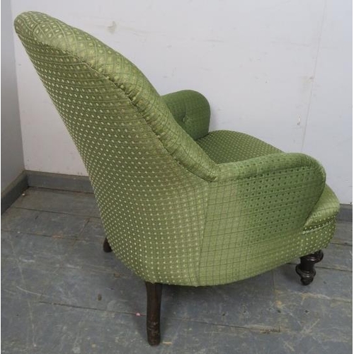 880 - A Victorian mahogany bedroom chair, upholstered in buttoned green damask, on turned supports with ca... 