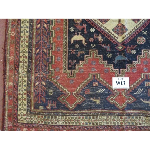 903 - A central Persian Sumak Kilim rug, four interlocking diamond pattern to centre, cream on blue & red.... 