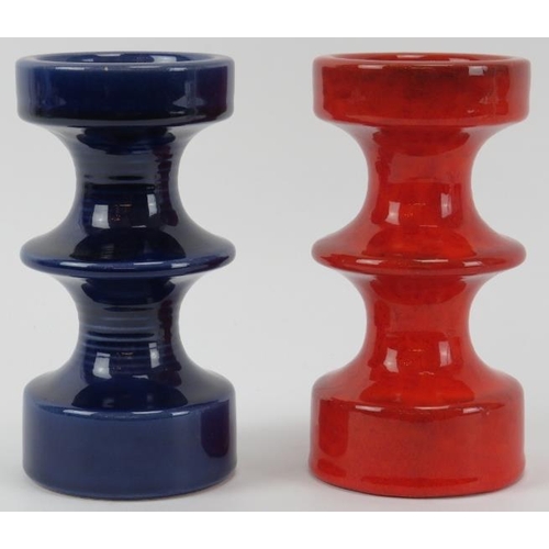 128 - Two West German hooped red and blue ceramic candlesticks designed by Carlo Zalloni for Steuler, mid ... 