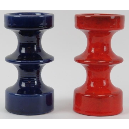 128 - Two West German hooped red and blue ceramic candlesticks designed by Carlo Zalloni for Steuler, mid ... 